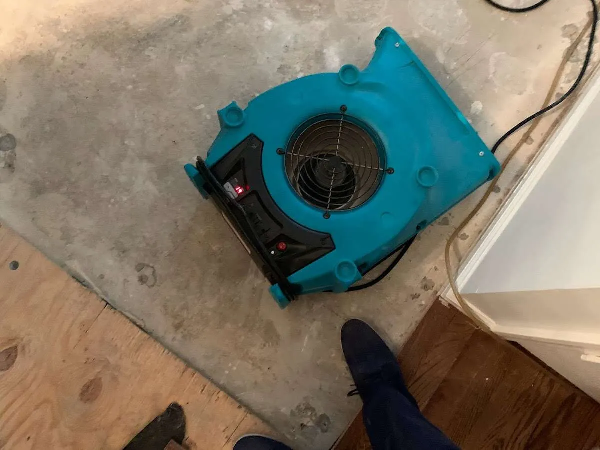 Air mover drying subfloor during Leak Detection & Repair in Steiner Ranch